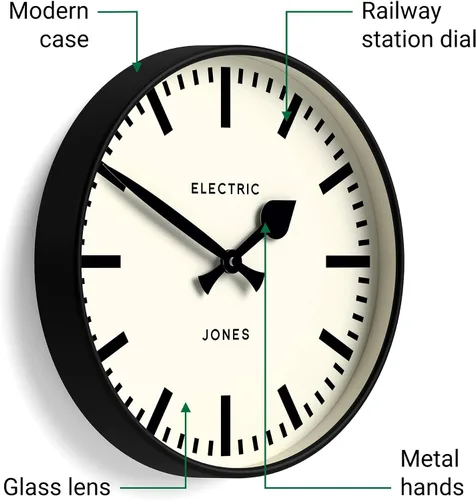 Vista 5 de JONES CLOCKS® Reloj de pared Tiger Reloj moderno de estación redonda 12 pulgadas Negro Aspecto de diseñador genial para cocina, sala