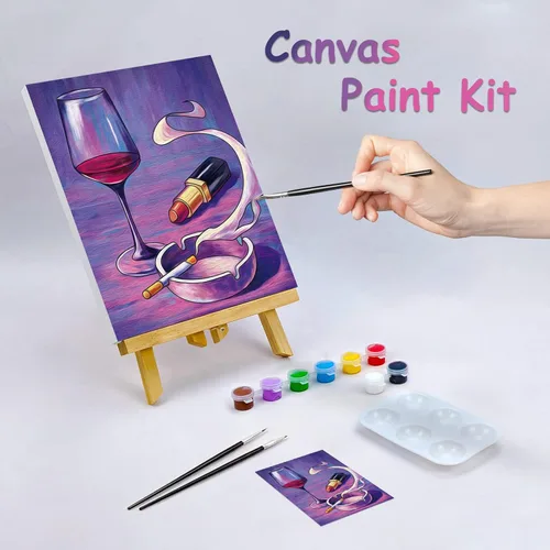 Vista 2 de Kit de pintura sobre lienzo para adultos, lienzo predibujado para pintar, kit de pintura para recuerdos de fiesta, copa de vino, pintura lipstica