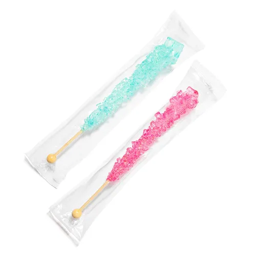 Vista 3 de Palitos de azúcar de caramelo de roca azul claro y rosa claro, 12 golosinas envueltas individualmente, sabor a algodón de azúcar y cereza