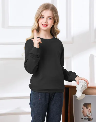 Vista 3 de Bingerlily Sudadera casual de manga larga para niñas, cuello redondo, linda sudadera holgada, tops Negro