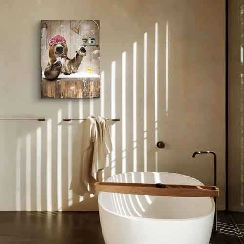 Vista 7 de Bonito oso para decoración de baño, arte de pared divertido con estampado de oso de casa de campo, pintura decorativa de pared enmarcada moderna