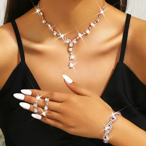Vista 9 de Unicra - Juego de joyas de boda para novia con diamantes de imitación, collar para novia, pulsera, aretes, joyería de graduación para mujer y novias