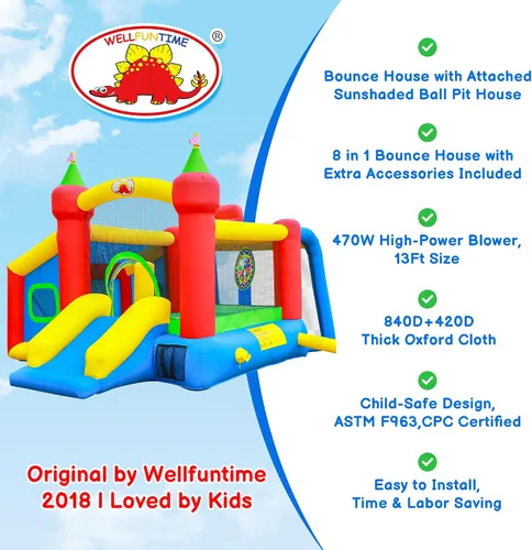 Vista 2 de Casa Inflable para Saltar, Castillo Hinchable con Tobogán y Soplador, Brincolín para Niños con Alberca de Pelotas