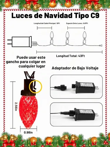 Vista 8 de Paquete de 2 luces de Navidad C9 extensibles para exteriores, 66 pies, 100 LED, multicolor