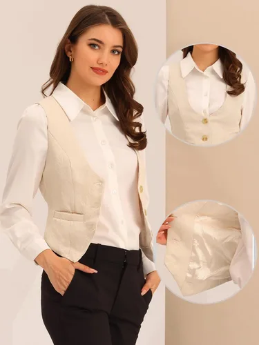 Vista 2 de Allegra K Chaleco vintage para mujer con botones y bolsillos