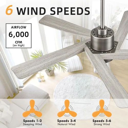 Vista 6 de WINGBO Ventilador de techo ABS DC de 54 pulgadas con luces, ventilador de techo de grano de madera ABS de 5 aspas con control remoto, motor CC