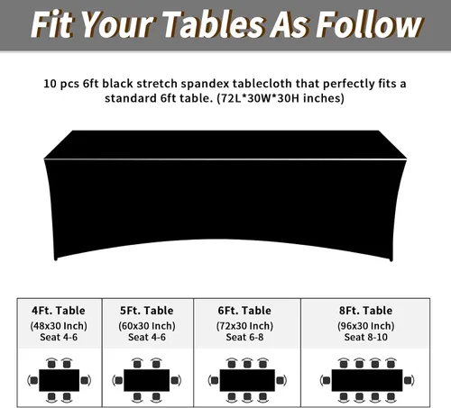 Vista 3 de Fixwal Mantel Negro de 6 Pies para Mesas Rectangulares, Paquete de 10 Manteles de Spandex para Mesas Rectangulares de 6 Pies, Ajustado Rectangular