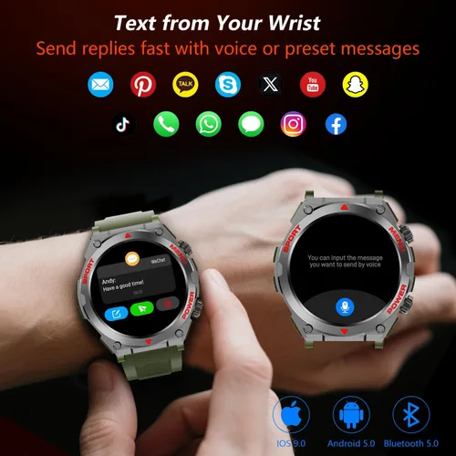 Vista 3 de Reloj inteligente militar para hombre con preguntas y respuestas AI (respuesta/hacer llamadas/respuesta SMS), reloj inteligente HD de 1.52 pulgadas