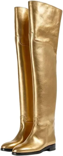 Vista 12 de YDN Botas planas de pantorrilla ancha para mujer, con puntera redonda, por encima de la rodilla, con tacón bajo, botas altas hasta el muslo, zapatos