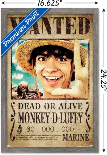 Vista 3 de Netflix One Piece - Póster de pared de Luffy Wanted, 22.4 pulgadas de largo x 14.7 pulgadas de ancho, versión enmarcada de madera de granero Versión