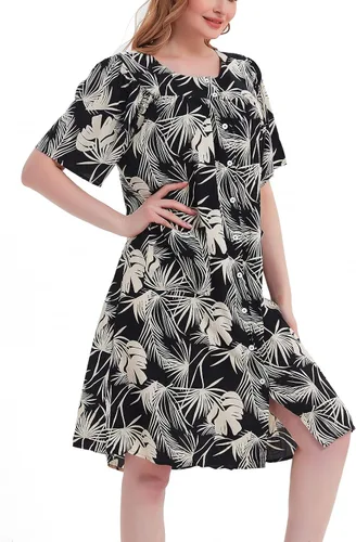 Vista 4 de Vestido de casa para mujer, camisones de algodón con botones y bolsillos, S-XXL