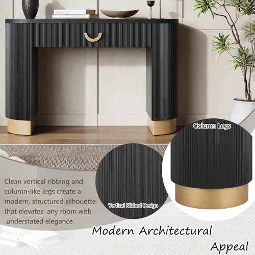 Vista 6 de Mesa consola moderna con diseño acanalado vertical, mesa de entrada de almacenamiento compacta con cajón funcional para sala de estar Negro-ww33