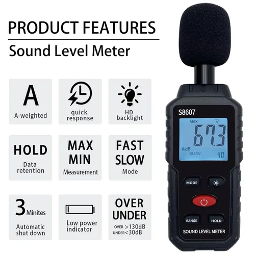 Vista 2 de Medidor Digital de Nivel de Sonido, Medidor de Sonido para Aula, Hogar, Calle, Medidor de 30-130dBA dB para Medir Ruido, Lector de Decibelios