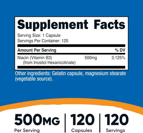Vista 2 de Nutricost Niacina (sin rubor) inositol hexanicotinato 500 mg, 120 cápsulas, vitamina B3