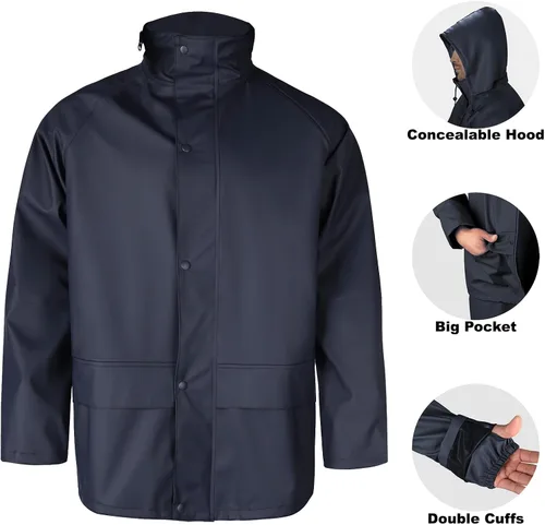 Vista 5 de FWG Traje de lluvia para hombre, chaqueta de trabajo impermeable resistente y pantalones con capucha
