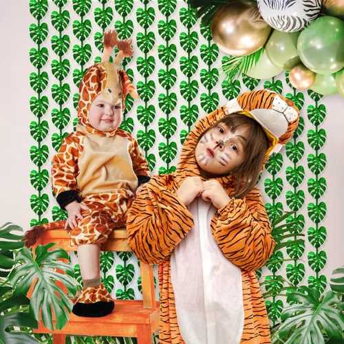 Vista 5 de Decoraciones tropicales para fiestas, paquete de 2 unidades de 3.3 x 6.6 pies, hojas de palmera tropicales verdes, cortina de flecos de hojas