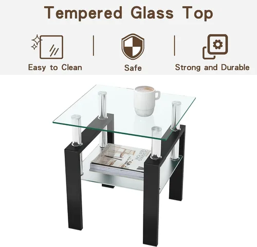 Vista 6 de Juego de 3 mesas auxiliares y mesa auxiliar de cristal, diseño clásico de 2 niveles, parte superior de vidrio templado y patas de metal sólido, uso