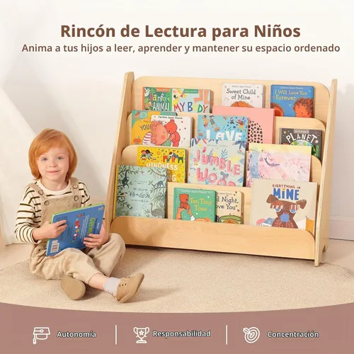 Vista 4 de OOOK Estantería infantil de 4 niveles, estantería frontal de madera
