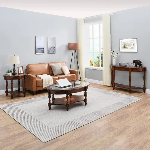 Vista 6 de Mesa de centro tradicional con parte superior de vidrio templado y estante de almacenamiento, marco de madera maciza para sala de estar, centro