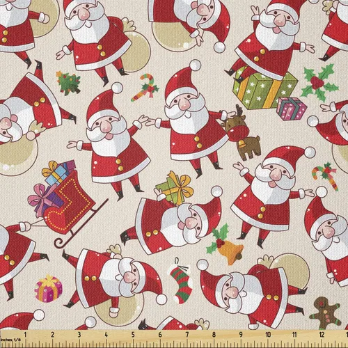 Vista 60 de Ambesonne Tela Navideña por Yarda, Tema Navideño Colorido Vivo Piñas de Pino Ramas Hombre de Jengibre Imagen de Bayas Estampada, Tela de Punto