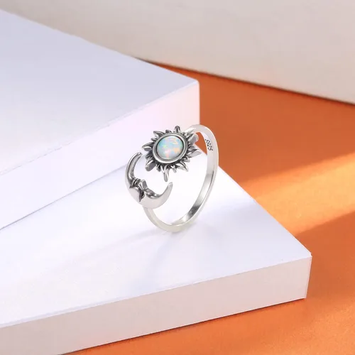 Vista 3 de Anillo de ópalo con sol y luna ajustable, plata de ley 925, con cara de luna creciente, regalo de joyería vintage para mujer