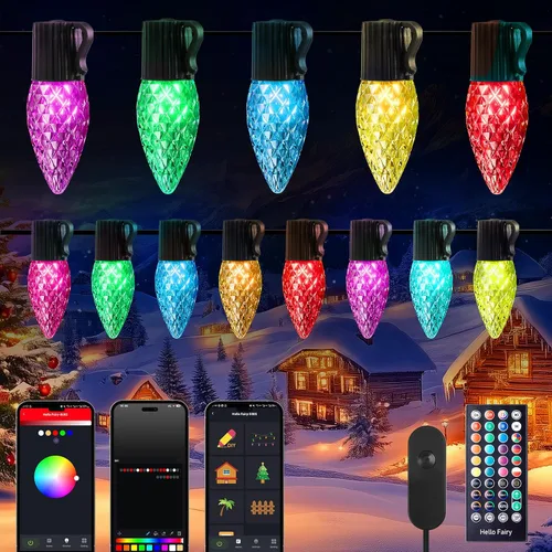 Vista 11 de Brightown Luces LED de Navidad C9 para exteriores, 100 LED RGB inteligentes para árbol de Navidad, sincronización de música, control por aplicación