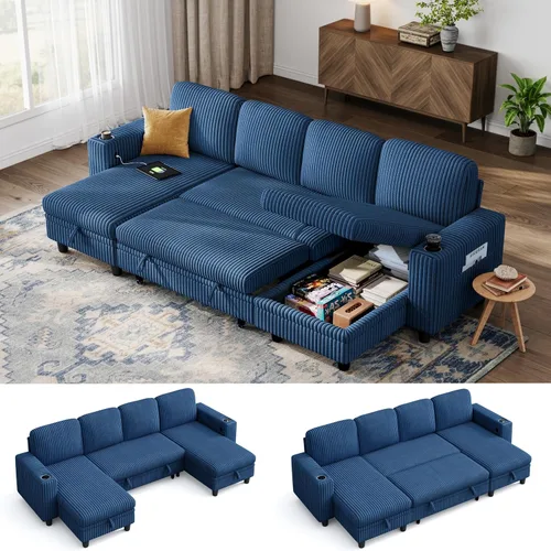 Vista 15 de LINSY HOME - Sofá seccional con cama extraíble y sofá cama deslizable, sofá convertible de pana mullida tipo nube con chaise de almacenamiento