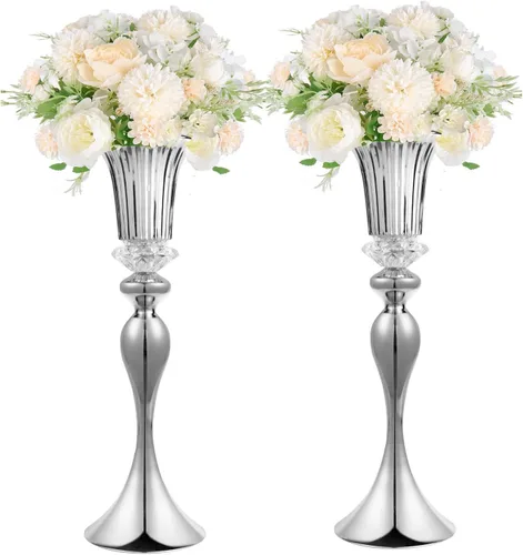 Vista 9 de Jarrones dorados de 22 pulgadas para centros de mesa, 2 jarrones de trompeta altos de metal, centros de mesa de recepción de boda, jarrón de flores