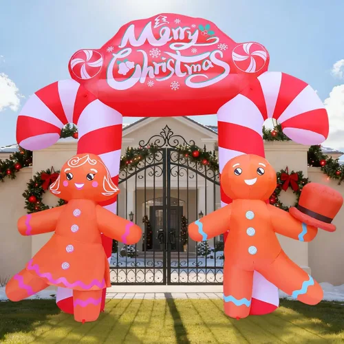 Vista 4 de GOOSH Arco inflable de Navidad de 9.6 pies para decoración al aire libre, bonito arco de bastón de caramelo con pareja de pan de jengibre con LED