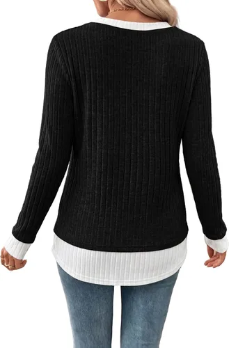 Vista 5 de WIHOLL Camisas de manga larga para mujer, trajes de otoño, suéteres ligeros Negro - blanco