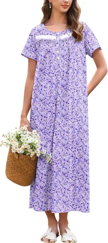 Vista 8 de Ekouaer Camisón para Mujeres de Algodón Camisón Largo de Noche Camisón de Manga Corta con Bolsillos Camisón con Botones Ropa de Dormir Suave