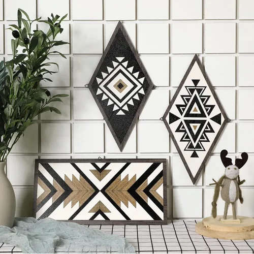 Vista 3 de Spiareal 3 piezas de arte de pared de madera azteca, decoración occidental