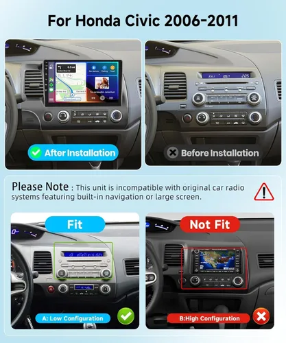 Vista 2 de Estéreo de coche 2G+32G para Honda Civic 2006 2007 2008 2009 2010 2011 con Carplay inalámbrico Android Auto, radio de coche Android de pantalla