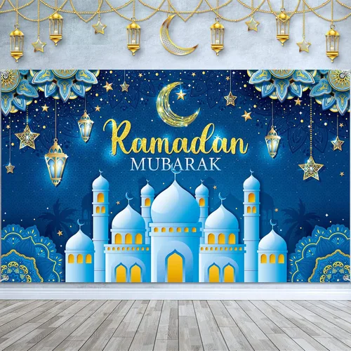 Vista 9 de Boyiee Decoración de Ramadán Mubarak, telón de fondo musulmán Ramadán Kareem, letrero de Eid Mubarak, fondo de cabina de fotos para el hogar, Negro