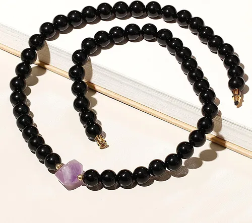 Vista 6 de Collar de cuentas de obsidianaamatista de cuarzo negro para mujeres y hombres, equilibrio, meditación, energía, cristal y piedras preciosas, Piedra