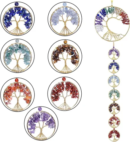 Vista 3 de SUNYIK Árbol de la vida de 7 chakras, adorno colgante decorativo para oficina en casa, campanillas de viento de cristal curativo para interiores
