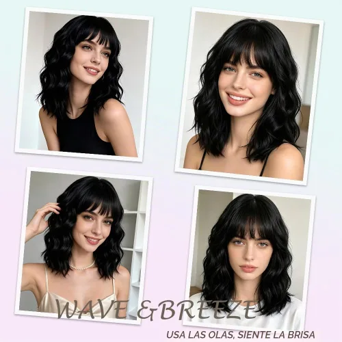 Vista 4 de Peluca negra con flequillo para mujeres negras, cabello rizado y ondulado de 14 pulgadas Negro