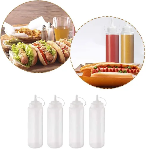 Vista 6 de 15 botellas exprimibles de 8 onzas, botella de plástico para condimentos con tapas giratorias, botella exprimible para salsas, salsa de tomate