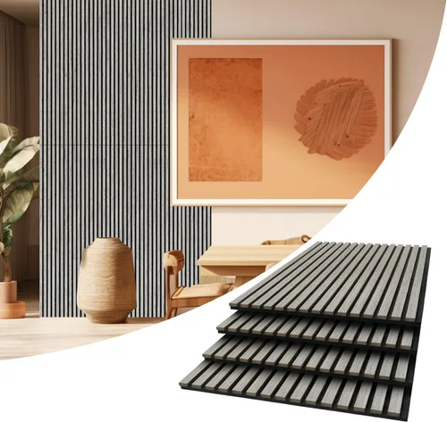 Vista 11 de AKUMAX Paquete de 2 paneles acústicos, listones de madera para pared y techo, paneles de espuma acústica de 96 x 24 pulgadas, paneles de pared 3D