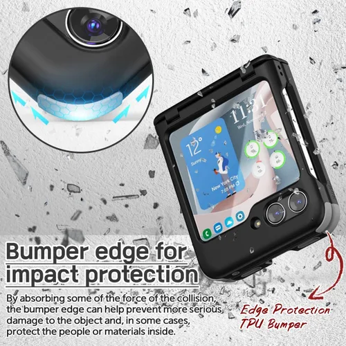 Vista 5 de para Galaxy Z Flip 5 Funda con 2 ranuras para tarjetas, funda rígida delgada y resistente con protección de bisagra, funda completa con protección