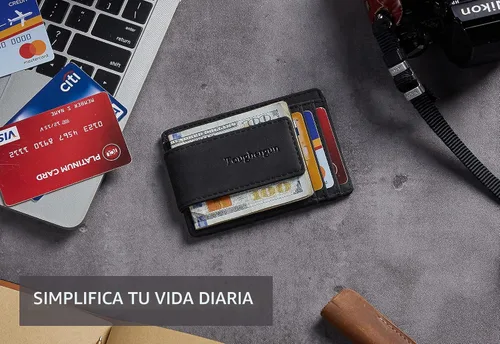 Vista 6 de Cartera minimalista Toughergun para hombres con clip de dinero magnético, cartera de cuero, tarjetero de crédito con bloqueo RFID Negro