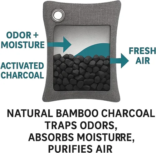 Vista 5 de OLGRI - Bolsas purificadoras de aire de carbón – Absorbente de olores natural para automóviles, baños, armarios, zapatos y mascotas – Paquete de 4