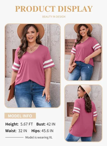 Vista 76 de Eytino Blusas de talla grande para mujer, cuello en V, manga corta, a rayas, casual, holgada, con bolsillo (1X-5X)