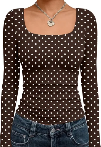 Vista 38 de Trendy Queen - Camisas ombligueras para mujer, manga larga, cuello cuadrado, básicas, para salir, de invierno, Y2K Albaricoque