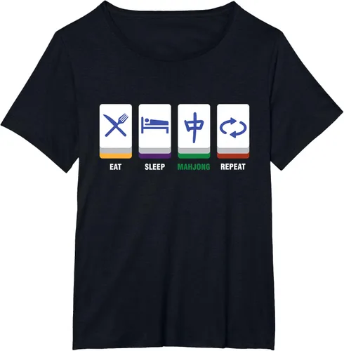 Vista 19 de Camiseta Mahjong Lover Eat Sleep Mahjong Tiles, Negro, S