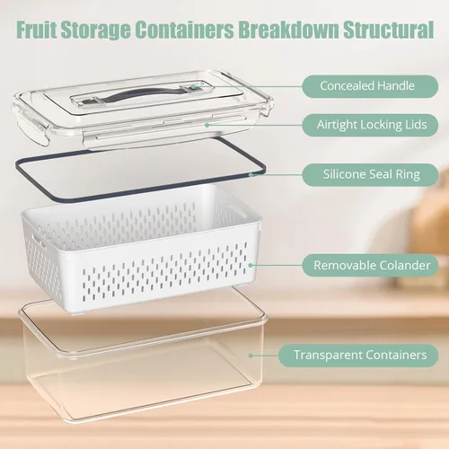 Vista 10 de 5 recipientes de almacenamiento de frutas para refrigerador con colador extraíble y tapa con asa, organizadores y almacenamiento de refrigerador