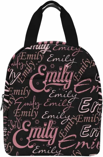 Vista 15 de InterestPrint Bolsa de almuerzo con nombre personalizado para hombres y mujeres, color rosa, blanco y negro, con lunares personalizados, enfriador