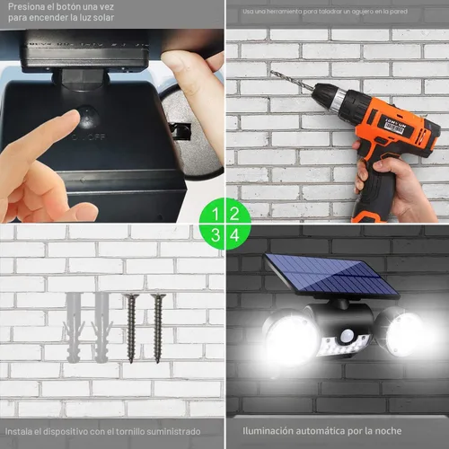 Vista 5 de Luces solares para exteriores, luces de seguridad con sensor de movimiento, luces solares de pared con focos de doble cabeza, LED, impermeables