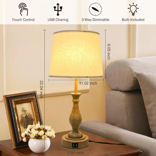 Vista 7 de LALISU Lámpara de mesa de granja con control táctil, lámpara de mesa regulable de 3 vías, lámpara moderna de mesita de noche con 2 puertos USB