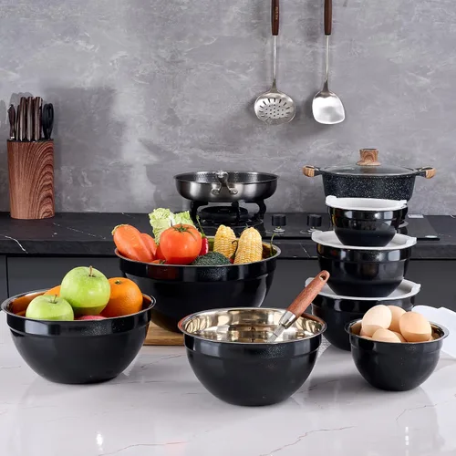 Vista 8 de Cuencos Negros para Mezclar con Tapas Herméticas, Cuenco de Acero Inoxidable, Cuencos para Ensalada de 7 Piezas, Cuencos Anidables Coloridos Negros